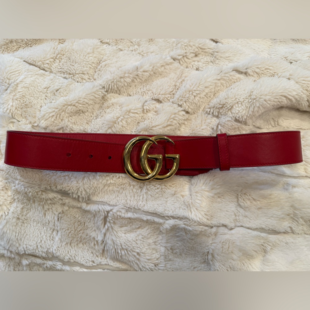 Gucci Red Leather Belt with Double G Gold Buckle